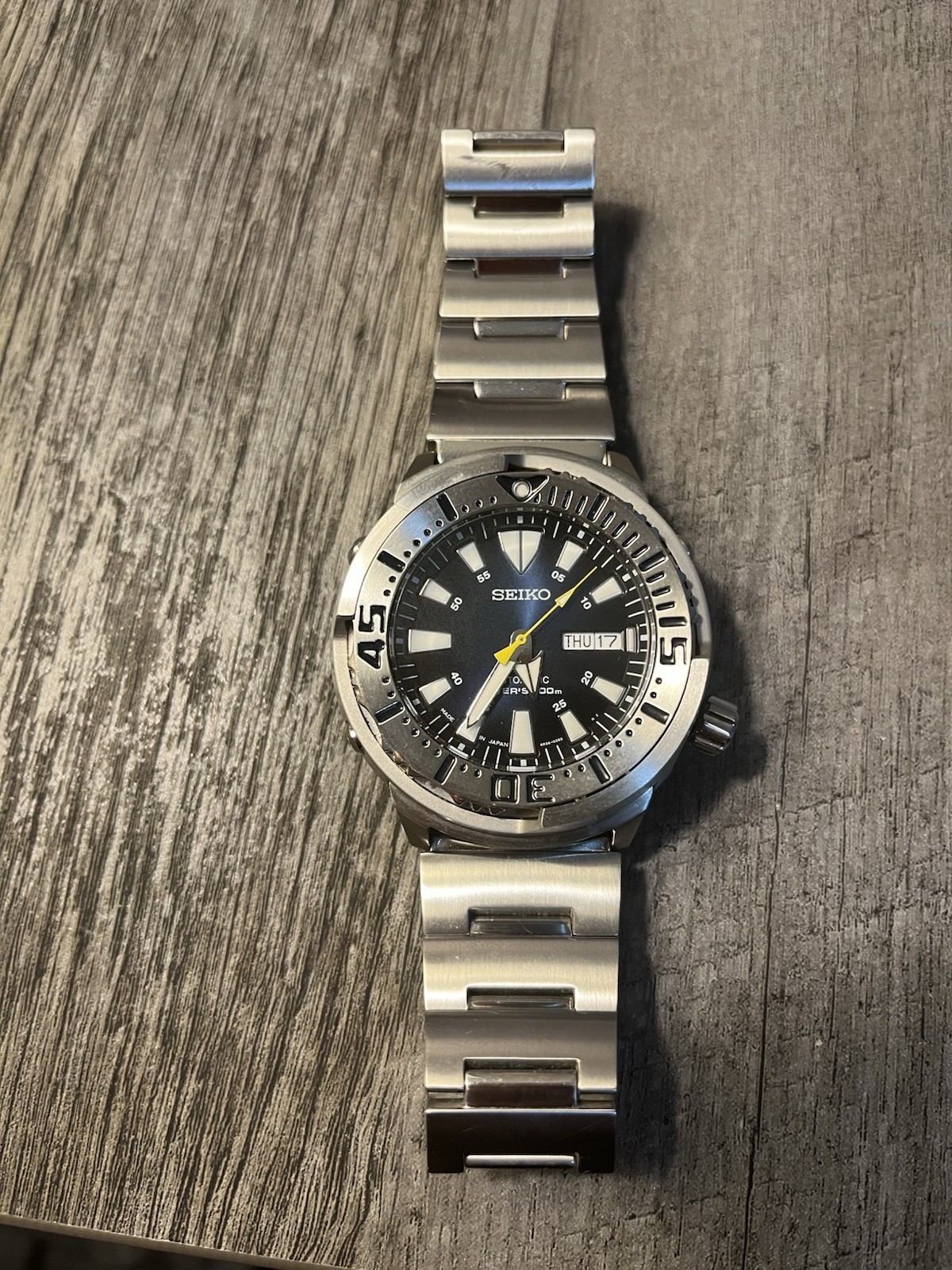 Seiko Prospex Baby Tuna Diver’s Watch 4R36-08FO Day-Date Yellow Second Hand
