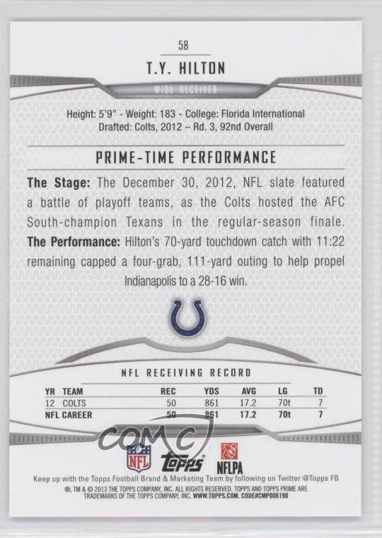 2013 Topps Prime TY Hilton #58 - Image 2 of 2