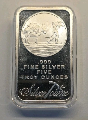 5 oz. SilverTowne Silver Bar - Trademark Prospector Design - 999 Fine