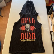Headrush Brand Sleeveless Hooded Black Skull and Roses Shirt Small