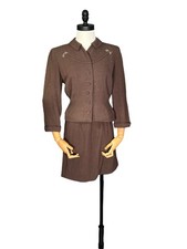 1940s/1950s Neiman Marcus Brown Skirt Suit With Brooches - Size Small