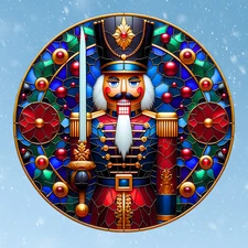 Christmas Nutcracker Faux Stained-Glass WINDOW CLING Size 8" Round Vinyl
