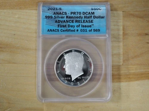 2021-S .999 Fine Silver Kennedy Half Dollar ANACS PR70 DCAM First Day of Issue