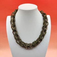 Green Brown Seed Bead Braided Multi Strand Bib Necklace Boho Statement Vintage