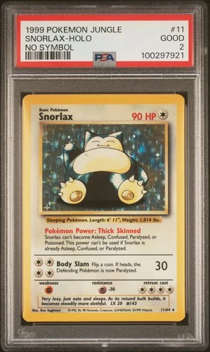 1999 POKEMON JUNGLE NO SYMBOL #11 SNORLAX-HOLO PSA 2