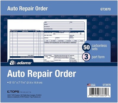 Adams Auto Repair Order Forms, 8.5 X 7.44, 3-Part, Carbonless, 50-Pack (GT3870)