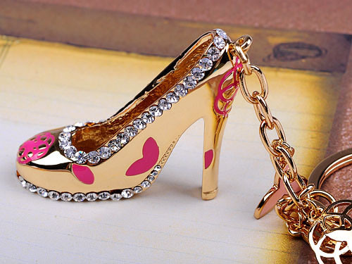 Pink Enamel Gold Tone Stilleto Heel Shoe Crystal Rhinestone Keychain VTG - Bild 4 von 5