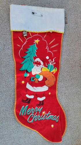 Vintage Frohe Weihnachten Stoff Weihnachtsmann Strumpf Geschenke Glocken 18" groß - Bild 1 von 4