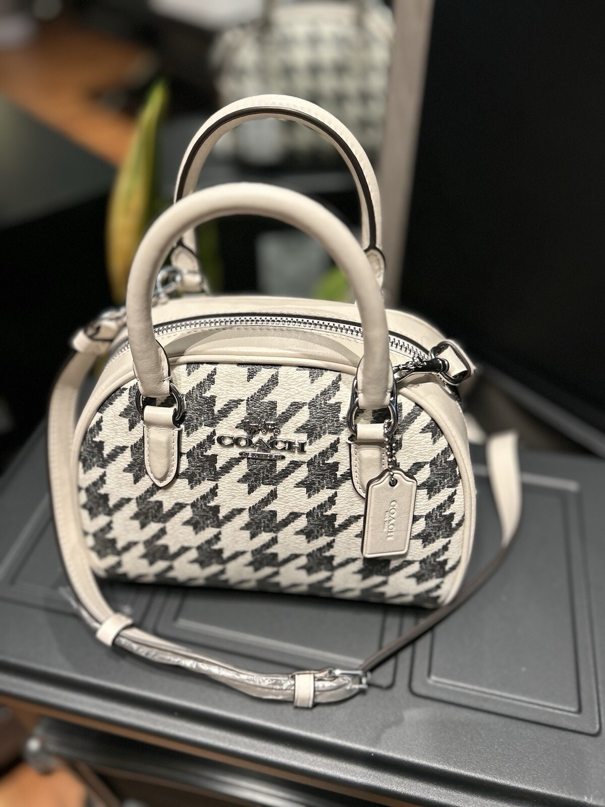 NWT Coach CJ628 Sydney Satchel with Houndstooth Print Canvas&Leather Cream/Black image 2