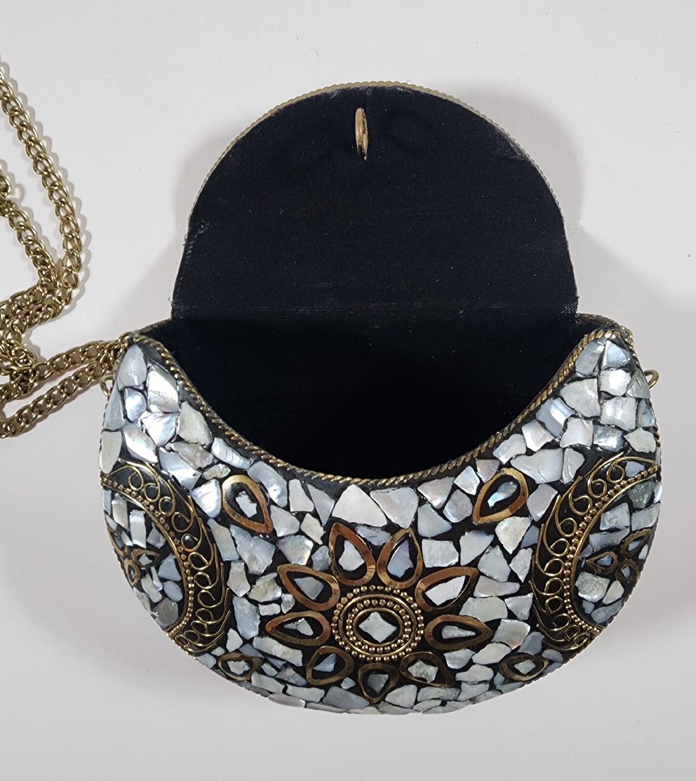 Shell Mosaic Clutch Metal Bag Ethnic Purse Gold Silver