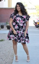 USA New Womens PLUS SIZE BLACK PINK FLORAL CHIFFON RUFFLE SWING DRESS 1X 2X 3X