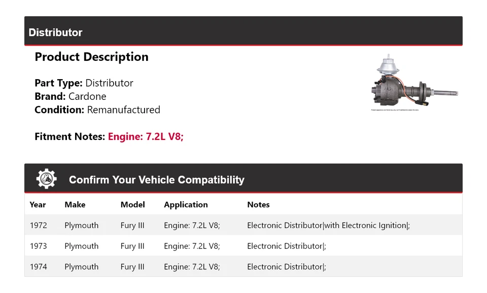 Para 1972-1974 Plymouth Fury III 7,2 L V8 Distribuidor Cardone 1973 Foto 2 de 4