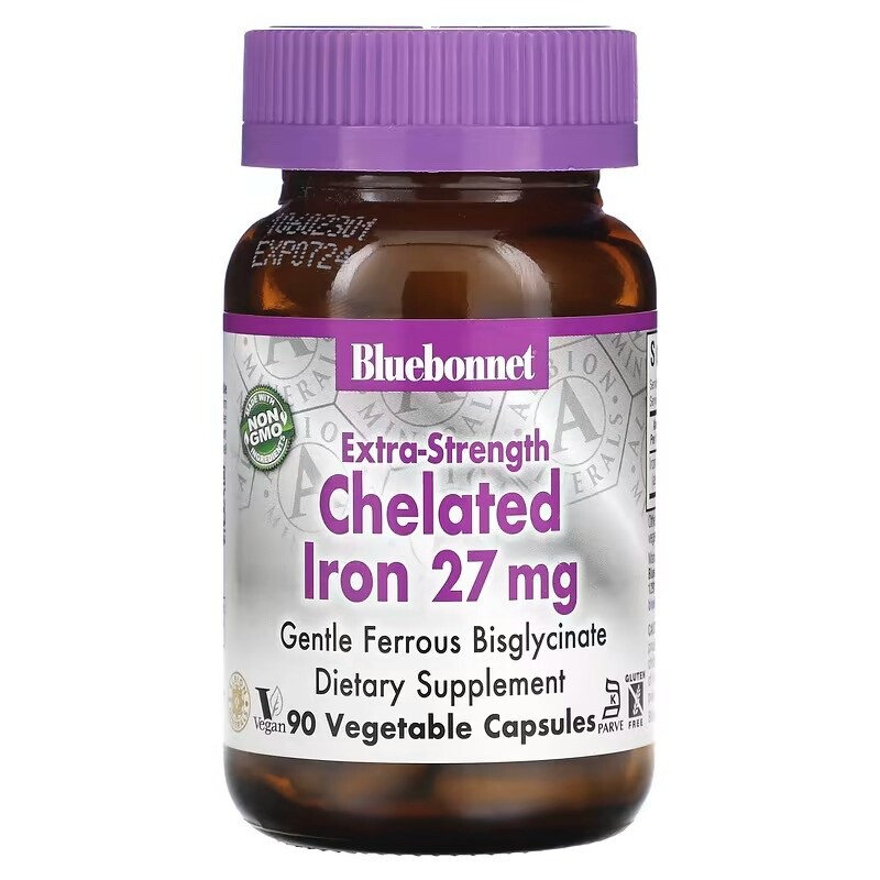Fer chélaté 27 mg Bluebonnet contre la fatigue et les maux d'estomac de la cure