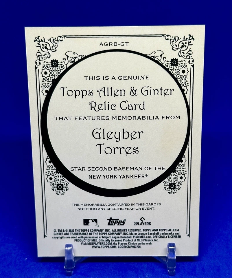 2023 Topps Allen & Ginter Relic Card #AGRB-GT Gleyber Torres NY Yankees - Image 3 of 3