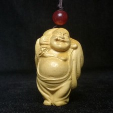 1.5 Inch Chinese boxwood carved fund sources Maitreya Buddha statue pendant Gift