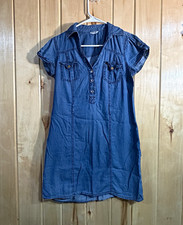GUESS Blue Denim Shirt Dress Knee Length Short Sleeve Button Front Pockets S Y2K