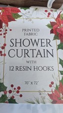 Christmas Shower Curtain Set Fabric 70x72 Inch With Green Emerald Hocks New 