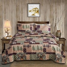 Smuge 3-Piece Moose Pine Tree Reversible Quilt Set, Checked Color Stripe Rust...