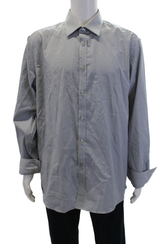 Michael Michael Kors Mens Cotton Striped Button Down Dress Shirt Gray Size 36