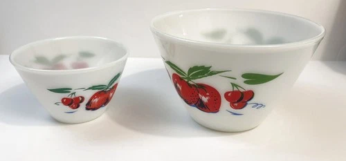 Fire King set of 2 Apples and Cherries mixing bowl white milk glass 9 1/2  6 1/2