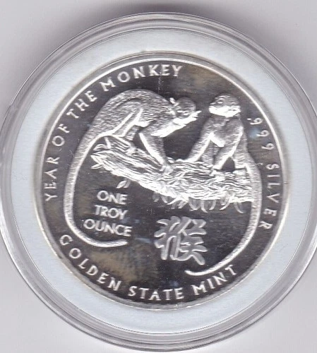 LUNAR YEAR OF THE MONKEY - GOLDEN STATE OUNCE FINE SILVER ROUND 999 IN CAPSULE