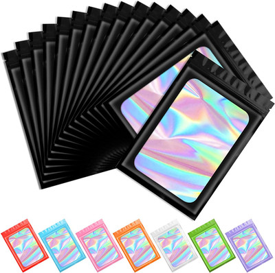 Funfery 100 pcs Black Mylar Holographic Bags Packaging Bags,Clear Resealable Bag