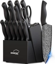 Knife Set, 15-Piece Kitchen Knife Set with Block Wooden German Stainless Steel