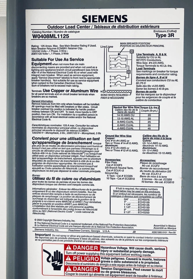 Siemens W0408ML1125U Load Center, 4 space, 8 circuit, Main Lug Load Center 125Am - Image 4 of 4