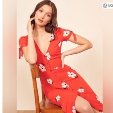 Reformation Red Rosalinda Dress Floral Button Front Size 4 Tie Sleeve