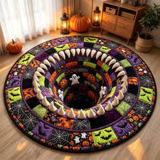 Flat Halloween Haunted Well Round Rug, 3D Ghost Skeleton Black Cat Carpet