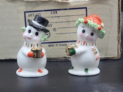 2 Vtg Napco Ware Bone China Snowmen Candle Holders 2'' Tall Spaghetti Trim