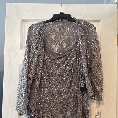 green emerald velvet dress Alex Evenings Long Cap Sleeve Sequin Dress with Scoop Neckline Black/Copper / 12