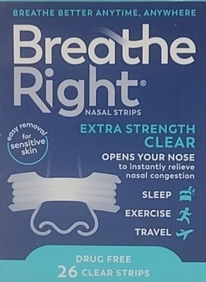 Breathe Right Nasal Strips Extra Strength clear 26 strips exp2/2030 box cut