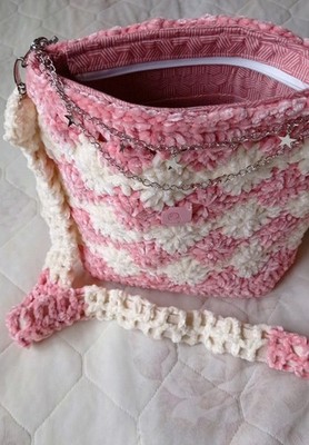 Damen Handtasche Handmade Selbst Gehäkelt Rosa Weiß Schultertasche Gefüttert