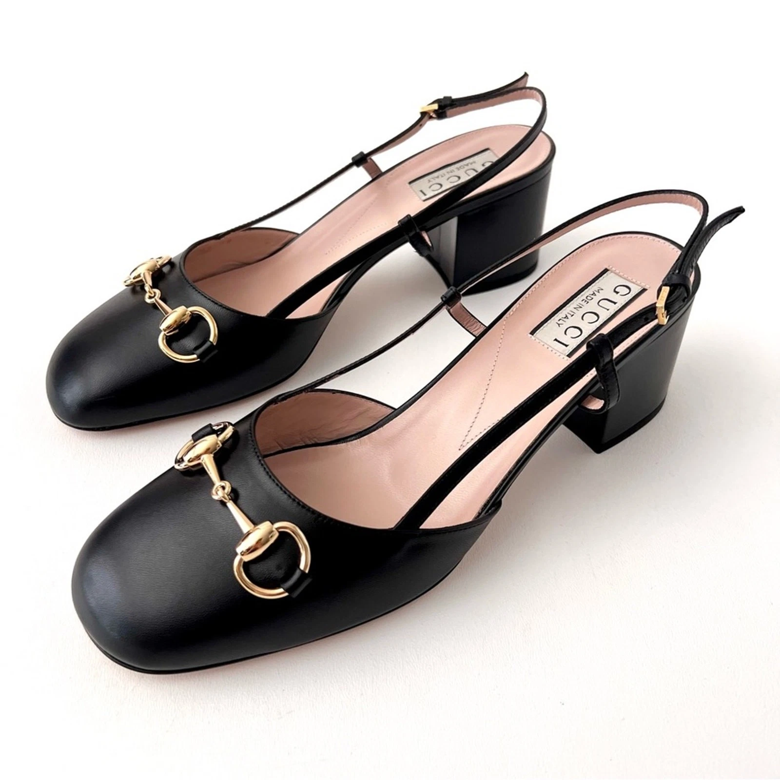 GUCCI    Escarpin Lady Horsebit Slingback en cuir noir talon bloc bas EU 38 US 8