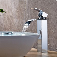 Tall Bathroom Waterfall Faucet, Single Hole with Braided Hoses, Chrome Finish