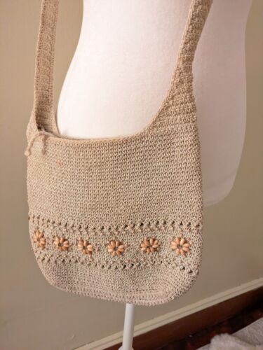 Vintage Y2K Crochet Beaded Flower Purse Womens Mesh Small Cottage Peasant Hippie - Picture 3 of 14