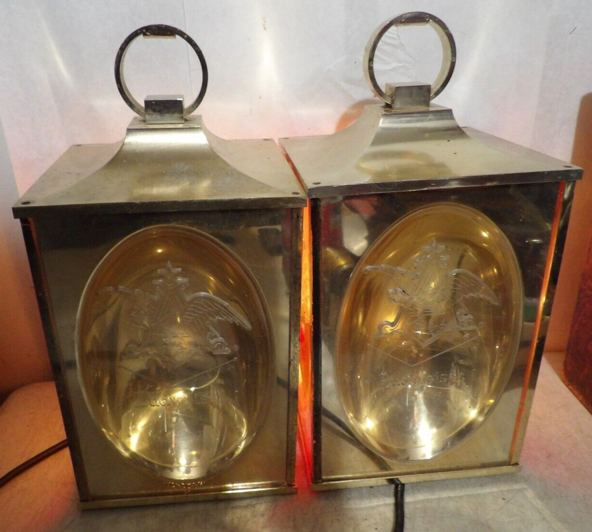 VTG 1968 Budweiser Beer Pair Hanging Square Coach Lights Lamps