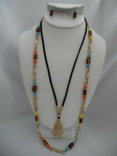 Pierced matte gold, wood, multi colored cord 2 strand necklace  earring set