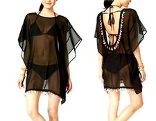 MIKEN Swimsuit Cover Up Size Small Sheer Black Tunic Tassel Trim