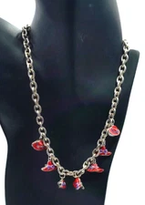 Vintage Silver Tone 16" Chain Necklace w/ Red Purple Hat Lady Society Charms