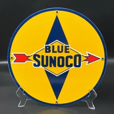 BLUE SUNOCO 12" ROUND PORCELAIN SIGN FOR GAS PUMP OR DISPLAY - BEAUTIFUL!! 