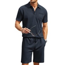 New men's set solid color lapel short sleeved T-shirt pocket shorts set