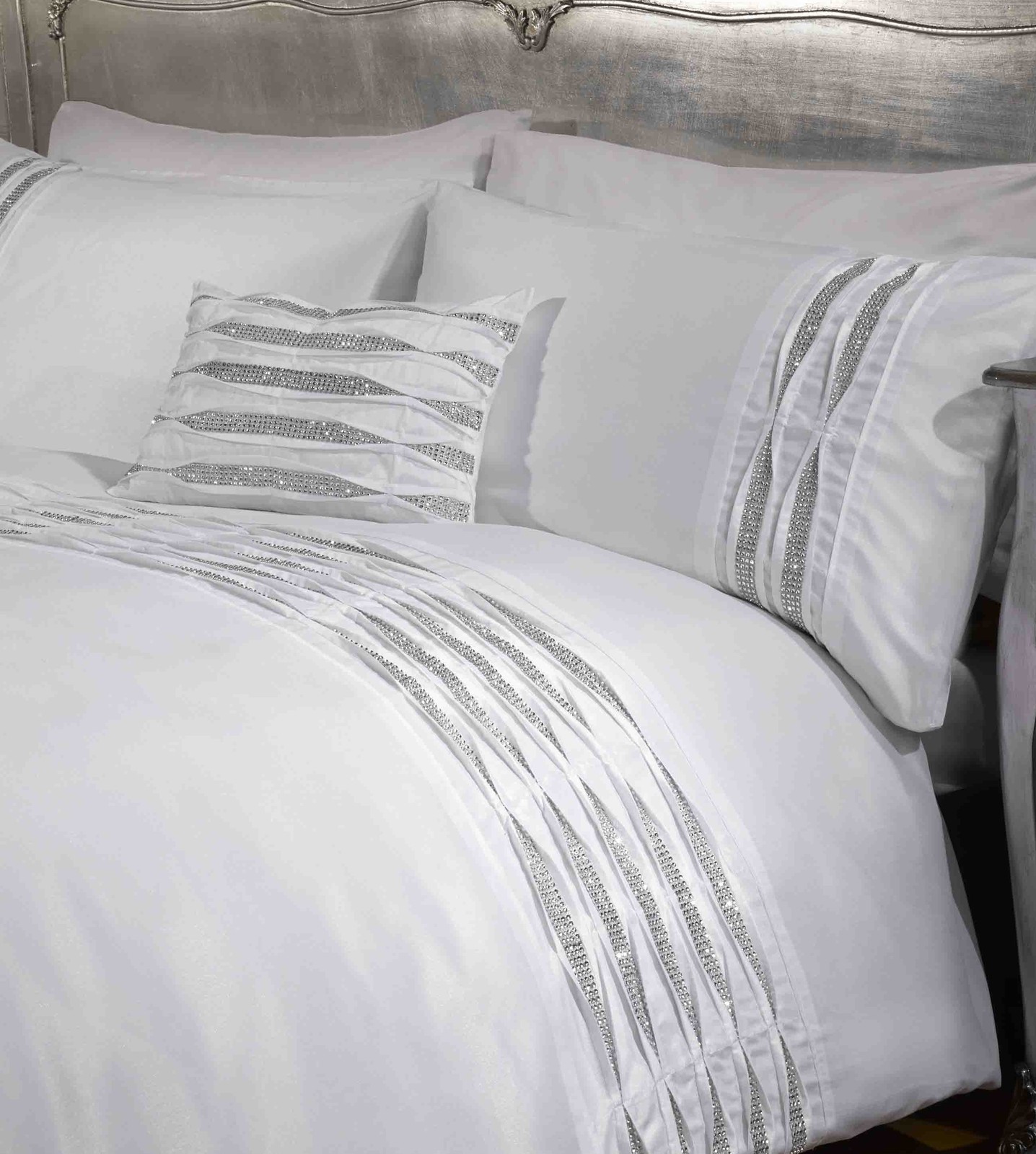 Crystal Diamante Detail Duvet Quilt Cover Bedding Set White, Silver