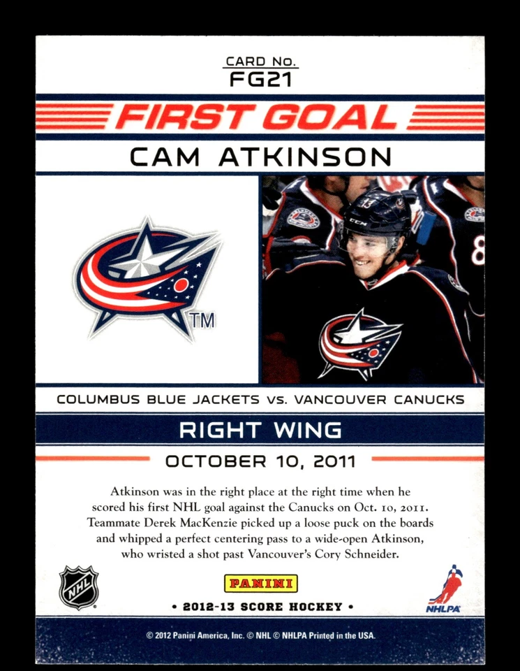 5-01-04 PWE . 2012-13 score panini first goal #fg21 cam atkinson - Image 2 of 2