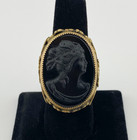 Victorian Style Jet Black Onyx Cameo Ring Floral Brass Bezel Size 6.5 Adjustable — photo 1