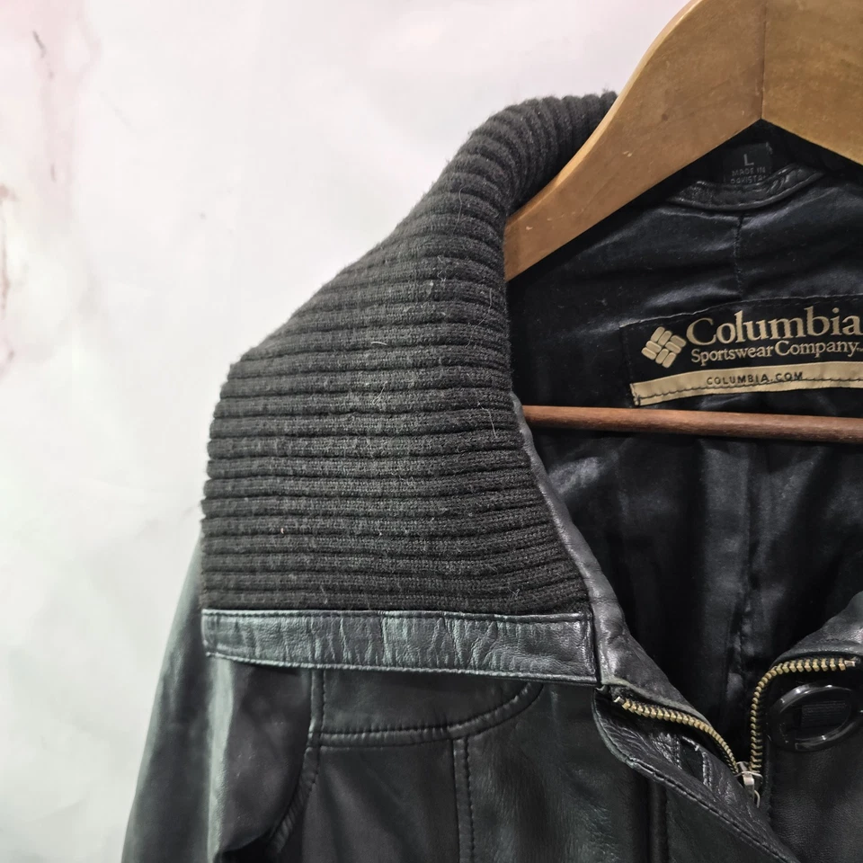 Columbia Jacket Womens Large Black Vintage Y2K Genuine Leather Assymetric RARE - Image 2 of 4