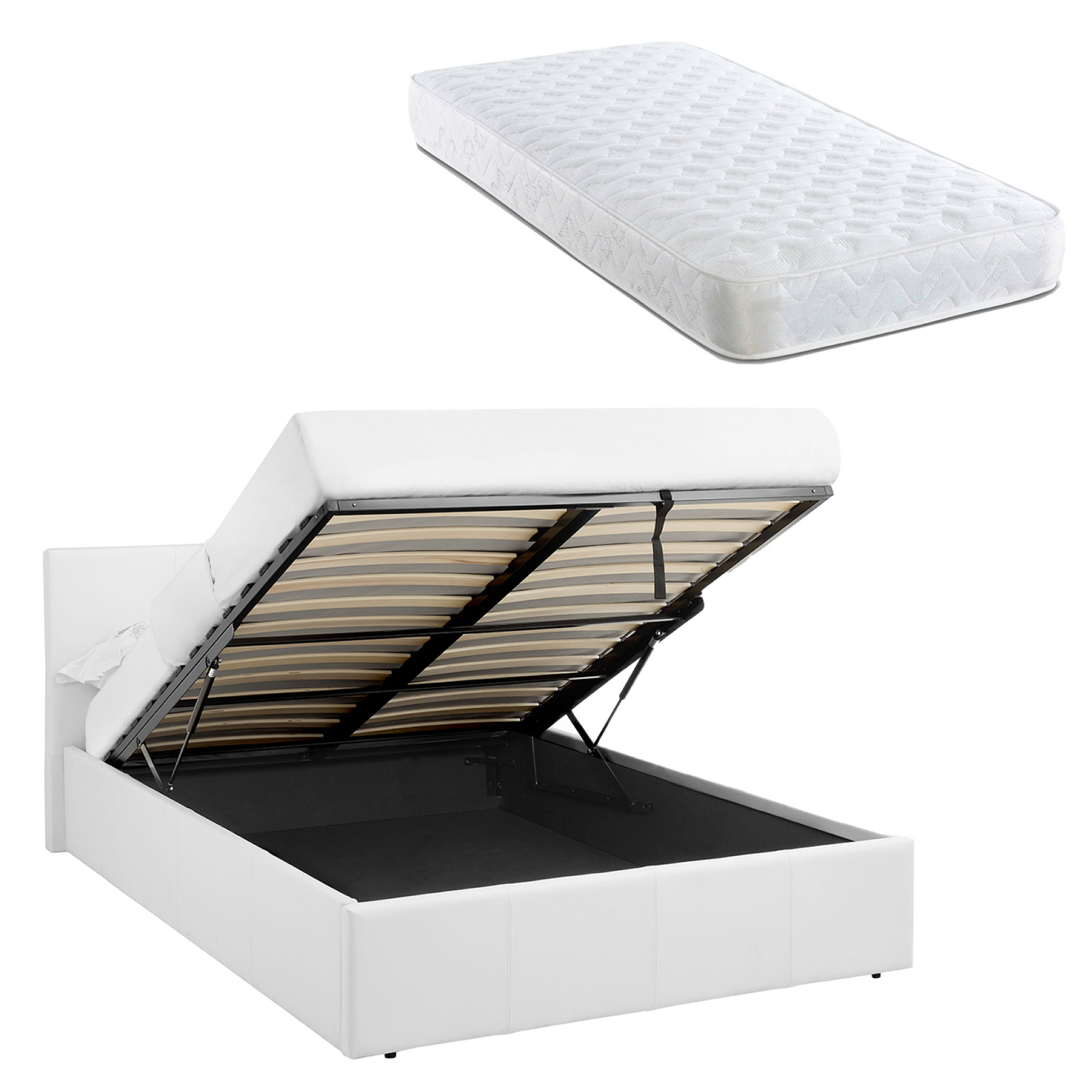 Luna 5Ft Kingsize Ottoman Bed White Faux Leather + Sprung Mattress - White - Image 5