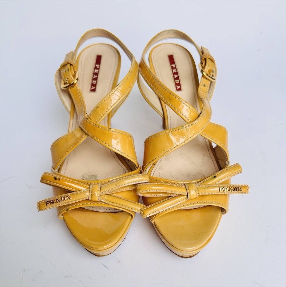 PRADA Yellow Bow Buckle Slingback Open Toe Patent Leather Straps