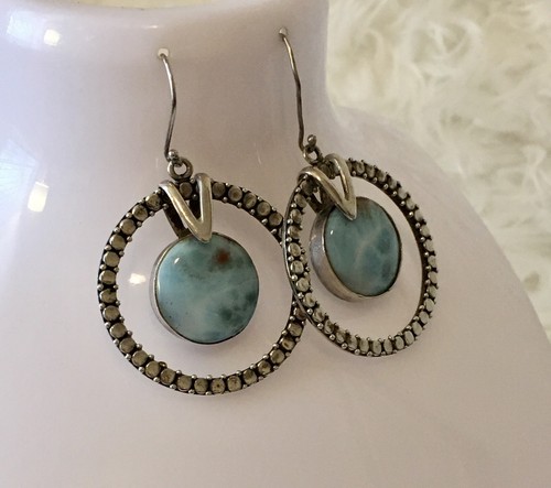 "Pendientes colgantes grandes vintage de plata de ley Larimar nativos americanos de 2""" - Imagen 11 de 13